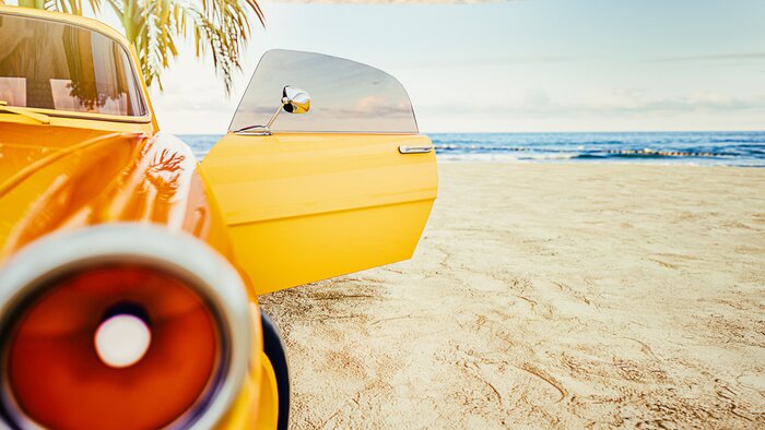 Poster Retro auto op het strand