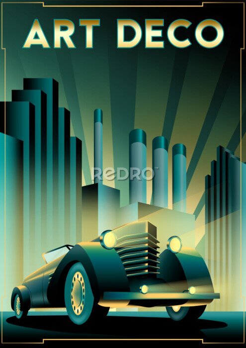 Poster Retro auto's in art deco stijl