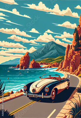 Poster Retro cartoonauto op een weg langs de kust