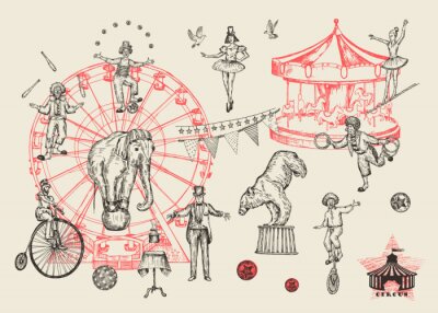 Poster Retro circusprestaties vastgestelde schetsstijl vectorillustratie. Hand getrokken imitatie. Mens en dieren.