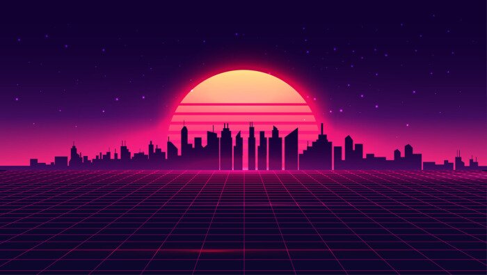 Poster Retro futuristic synthwave retrowave styled night cityscape with sunset on background. Cover or banner template for retro wave music. Vector illustration.