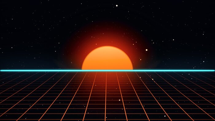 Poster Retro futuristisch 80s VHS-spel intro landschap. Vlucht over het neonraster met zonsopgang en sterren. Arcade vintage gestileerde sci-fi VJ-motie 3d illustratie in 4K