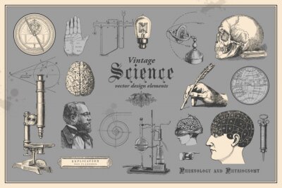 Poster retro grafisch ontwerp elementen: vintage science - collectie van vintage tekeningen met disciplines zoals geneeskunde, frenologie, chemie, palm lezing (Handlijnkunde) en nautische navigatie