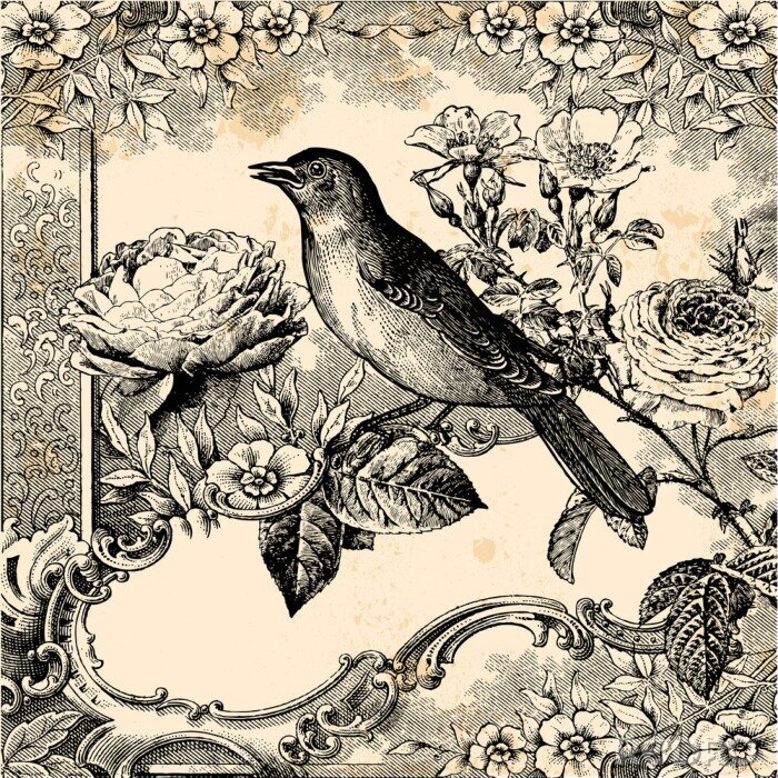 Poster Retro gravure met een zingende vogel