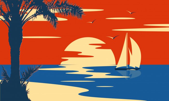 Poster Retro illustratie met zonsondergang