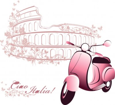 Sticker Retro kaart reizen naar Italië. Vintage scooter en het Colosseum in Rome