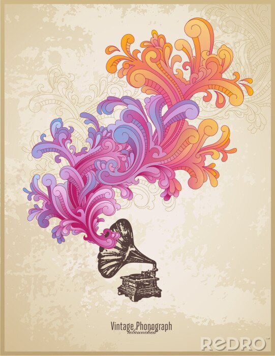 Poster retro muziekcompositie met fonograaf en kleurrijke wervelingen