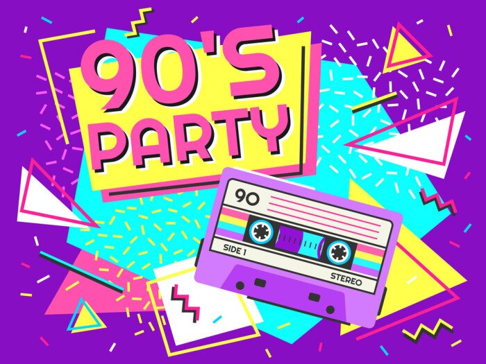 Poster Retro party poster. Nineties music, vintage tape cassette banner and 90s style. Radio invitation card, dance time parties advertisement poster vector background illustration