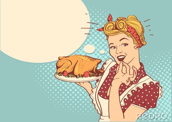 Poster Retro smiling housewife cooks roasted turkey in the kitchen.Vector color illustration isolated on white