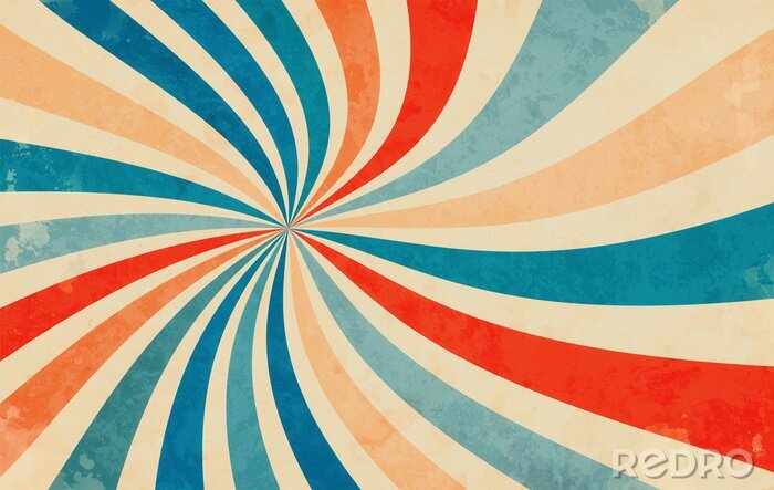 Poster retro starburst sunburst background pattern and grunge textured vintage color palette of orange red beige peach and blue in spiral or swirled radial striped vector design