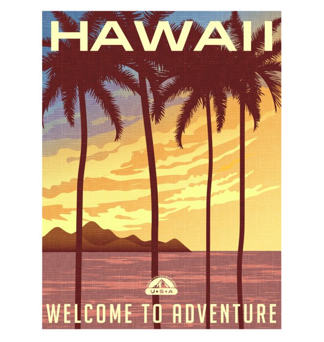 Poster Retro style travel poster or sticker. United States, Hawaii sunset and palm trees.