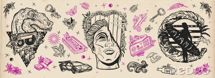 Poster Retro wave music concept. Statue head, laser tyrannosaur, surfing woman, future car. Audio cassette, VHS type. Nostalgic cyberpunk style, 80s and 90s pop culture. Old school tattoo vector collection