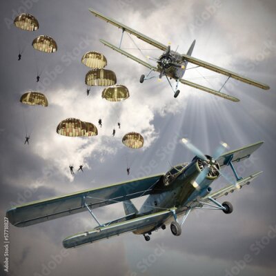 Fotobehang Retrovliegtuigen en parachutisten