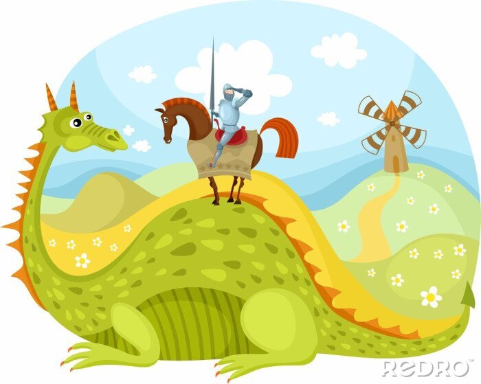 Poster Ridder en draak kleurrijke humoristische graphics