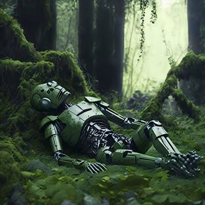 Poster Robot die in het bos rust