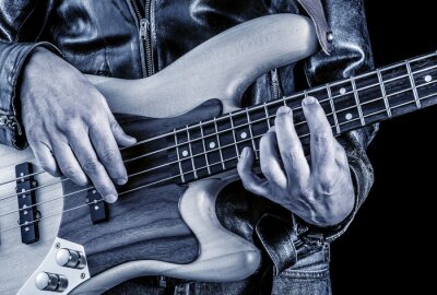 Poster rock bassist spelen, blauw beeld