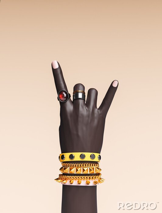 Poster Rock hand sign, female hand punk rock gesture with gold wrist bracelets and finger rings isolated, creative art protest banner, fashion hipster accessories, 3d rendering