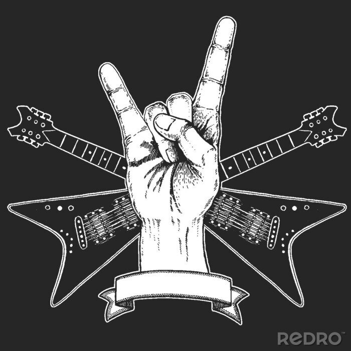 Poster Rock heavy metal, hard rock music hand symbol. Vector icon.