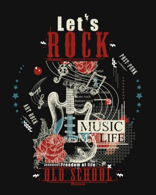 Poster Rock music print. Electro guitar and roses. Let's Rock slogan. Musical vector art, t-shirt design