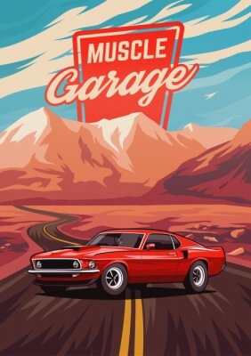 Poster Rode auto in retrostijl