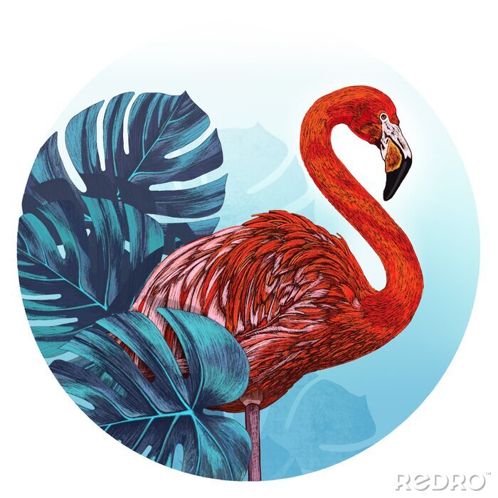 Poster Rode flamingo en bladeren