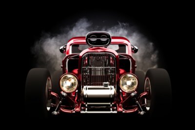 Poster Rode hot rod in rook tegen een zwarte achtergrond
