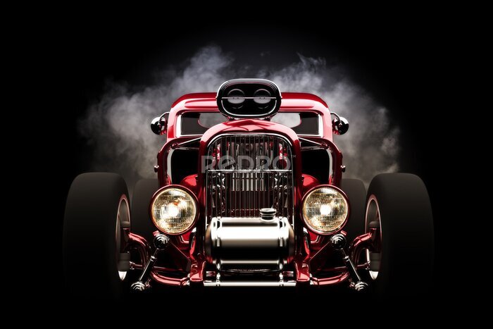 Poster Rode hot rod in rook tegen een zwarte achtergrond