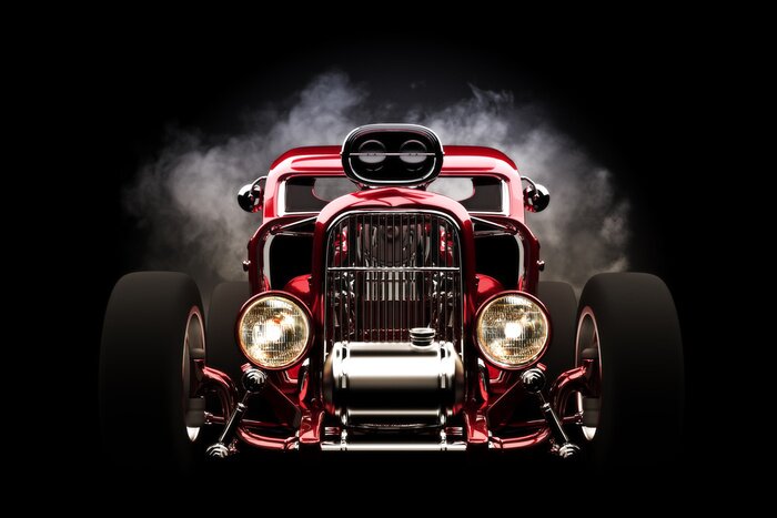 Poster Rode hot rod in rook tegen een zwarte achtergrond