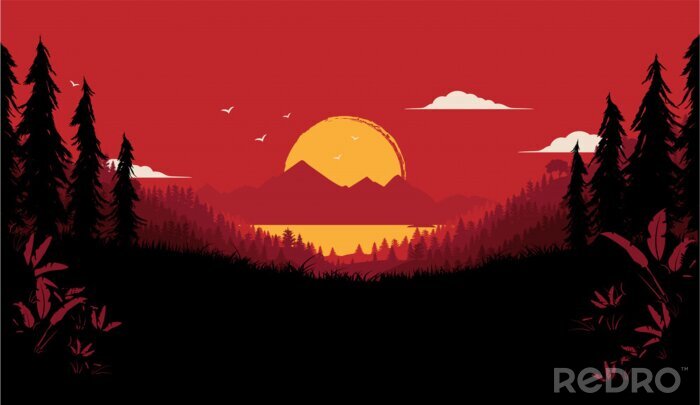 Poster Rode illustratie met zonsondergang