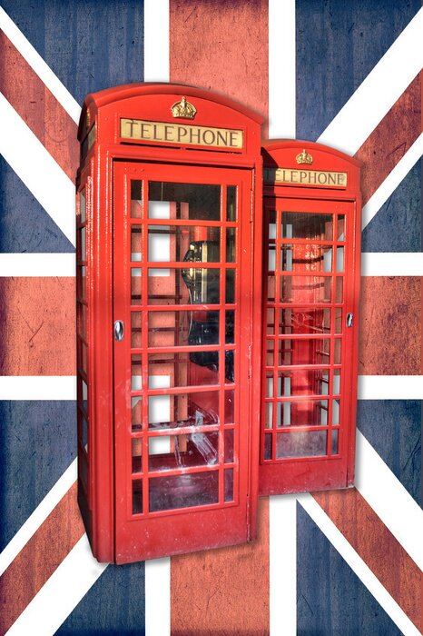 Poster Rode telefooncellen op de achtergrond van de vlag