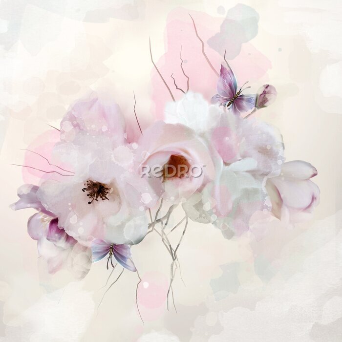 Poster Romantische witte rozen en vlinder