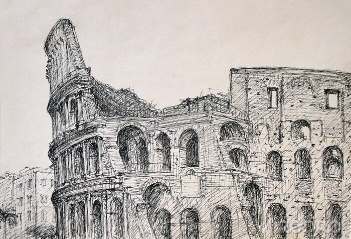 Poster Romeinse stadsgezicht van het Colosseum geschilderd door inkt