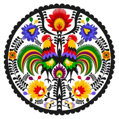 Poster Rond patroon met folkloristisch ornament met hanen.