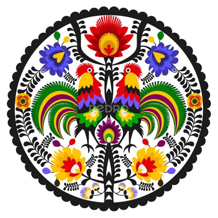 Poster Rond patroon met folkloristisch ornament met hanen.