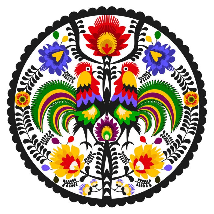 Poster Rond patroon met folkloristisch ornament met hanen.