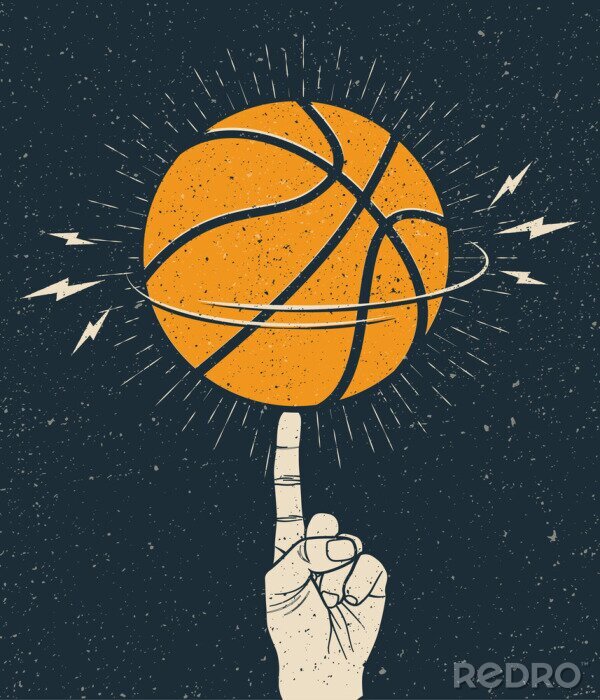 Poster Rotating orange basketball ball on a finger. Basketball themed illustration template for poster or flyer or sticker. Vintage styled vector illustration.
