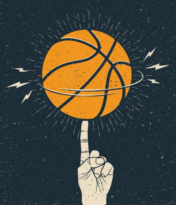 Poster Rotating orange basketball ball on a finger. Basketball themed illustration template for poster or flyer or sticker. Vintage styled vector illustration.