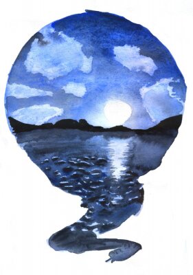 Poster round watercolor drawing landscape nature, lake, night, full moon