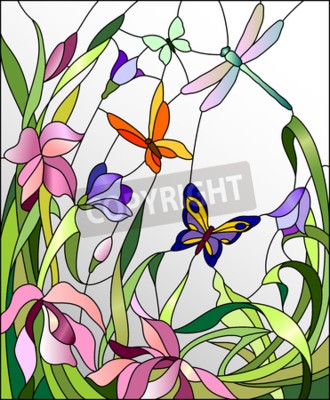 Poster Roze bloemen lente glas in lood