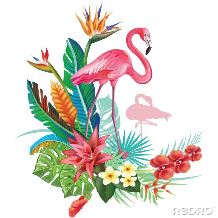 Poster Roze flamingo in de tropen
