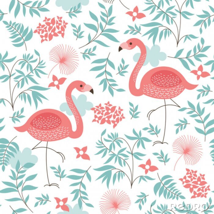 Poster Roze flamingo's bloemen en bladeren