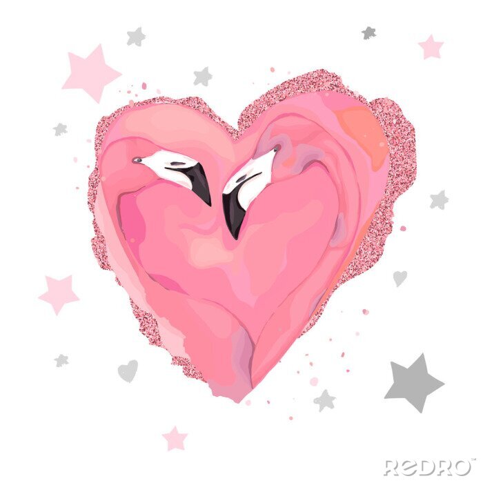 Poster Roze flamingopaar met sterren en hart. Vector illustratie Mode glamour print