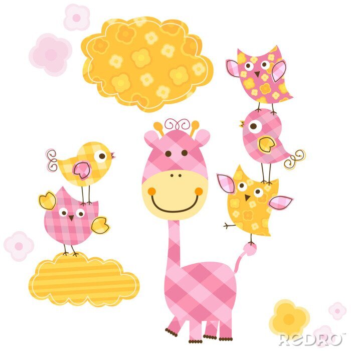 Poster Roze giraf met vogels op de staart