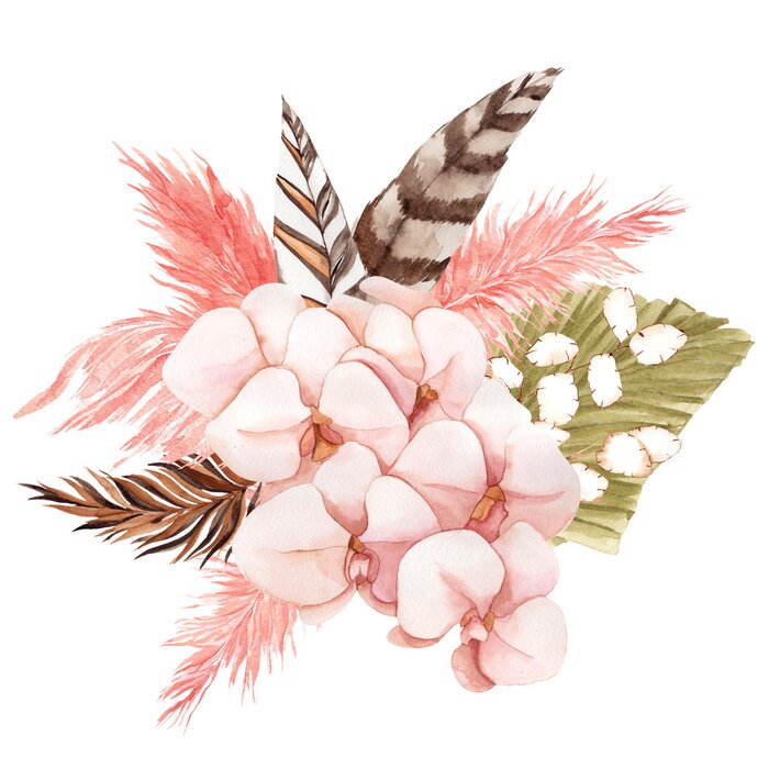 Poster Roze orchidee en boho-veren