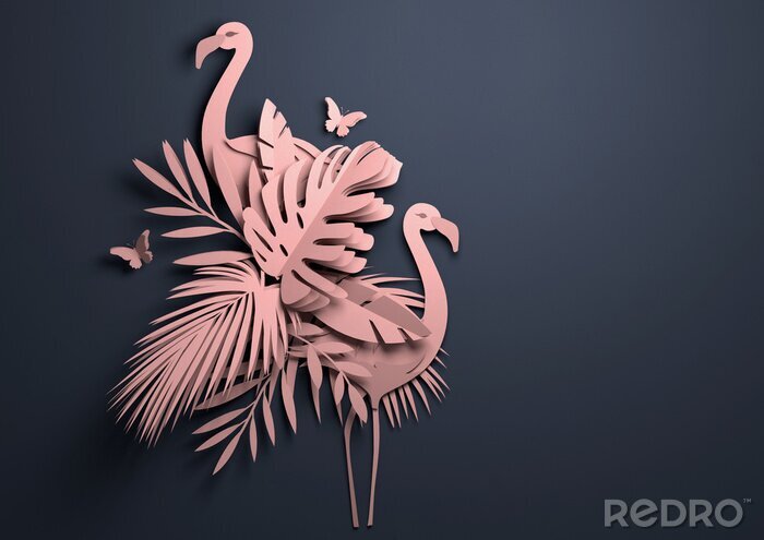 Poster Roze origami flamingo's