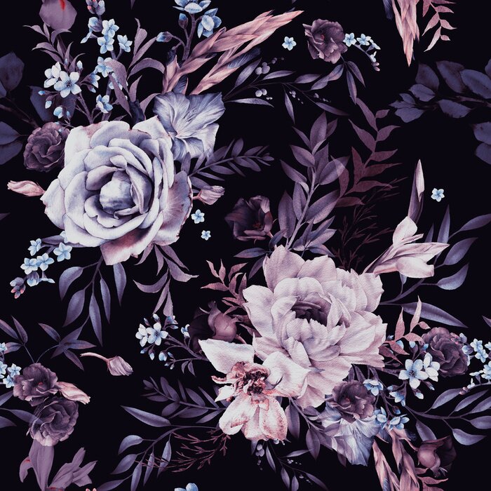 Poster Rozen en takjes met bladeren op een donkere achtergrond