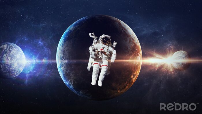 Poster Ruimte en astronautenthema op de achtergrond van de planeten