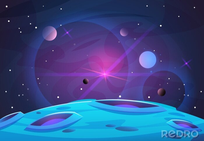Poster Ruimte en planeet achtergrond. Planeten oppervlak met kraters, sterren en kometen in de donkere ruimte. Vector illustratie. Ruimte lucht met planeet en satelliet