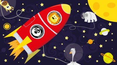 Poster Ruimteleeuw en panda voor kinderen in een raket