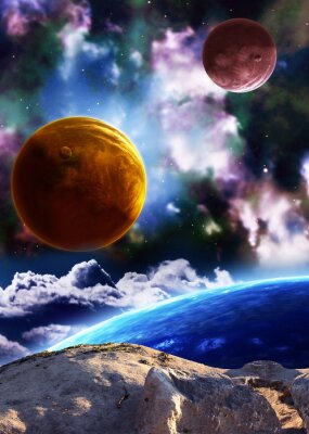 Poster Ruimtetafereel met planeten en nevel